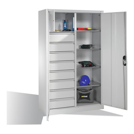 C+P Werkzeugschrank mit Drehtüren, 4 Böden, 8 Schübe, Wertfach, H1950xB1200xT500mm Front Lichtgrau Korpus Lichtgrau