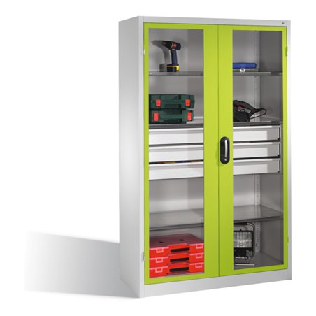 C+P Werkzeugschrank, Sichtfenster-Drehtüren, 4 Böden, 3 Schübe, H1950xB1200xT500mm Front Viridingrün Korpus Lichtgrau