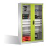 C+P Werkzeugschrank, Sichtfenster-Drehtüren, 4 Böden, 3 Schübe, H1950xB1200xT500mm Front Viridingrün Korpus Lichtgrau