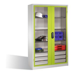 C+P Werkzeugschrank, Sichtfenster-Drehtüren, 3 Böden, 3 Schübe, H1950xB1200xT500mm Front Viridingrün Korpus Lichtgrau