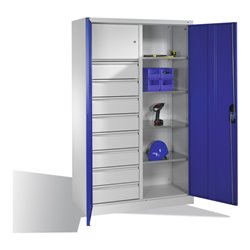 C+P Werkzeugschrank mit Drehtüren, 4 Böden, 8 Schübe, Wertfach, H1950xB1200xT500mm Front Enzianblau Korpus Lichtgrau