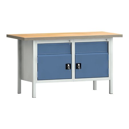 Werkbank PW 700 B1500xT700xH840mm Buche Multiplex grau blau 2 Schubl. 2 Türen