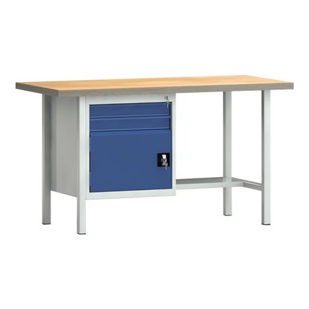 Werkbank PW 700 B1500xT700xH840mm Buche Multiplex grau enzianblau 2 Schubl.1 Tür