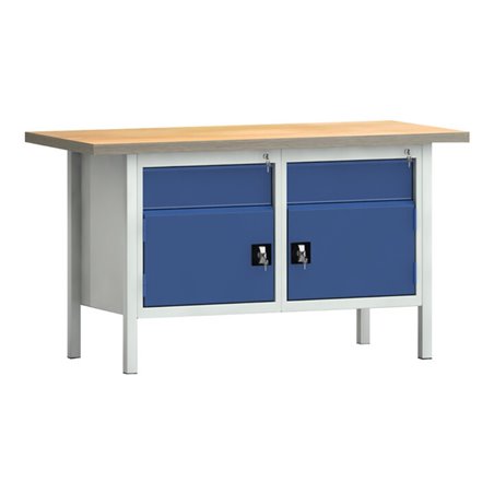 Werkbank PW 700 B1500xT700xH840mm Buche Multiplex grau enzianblau 2Schubl.2Türen