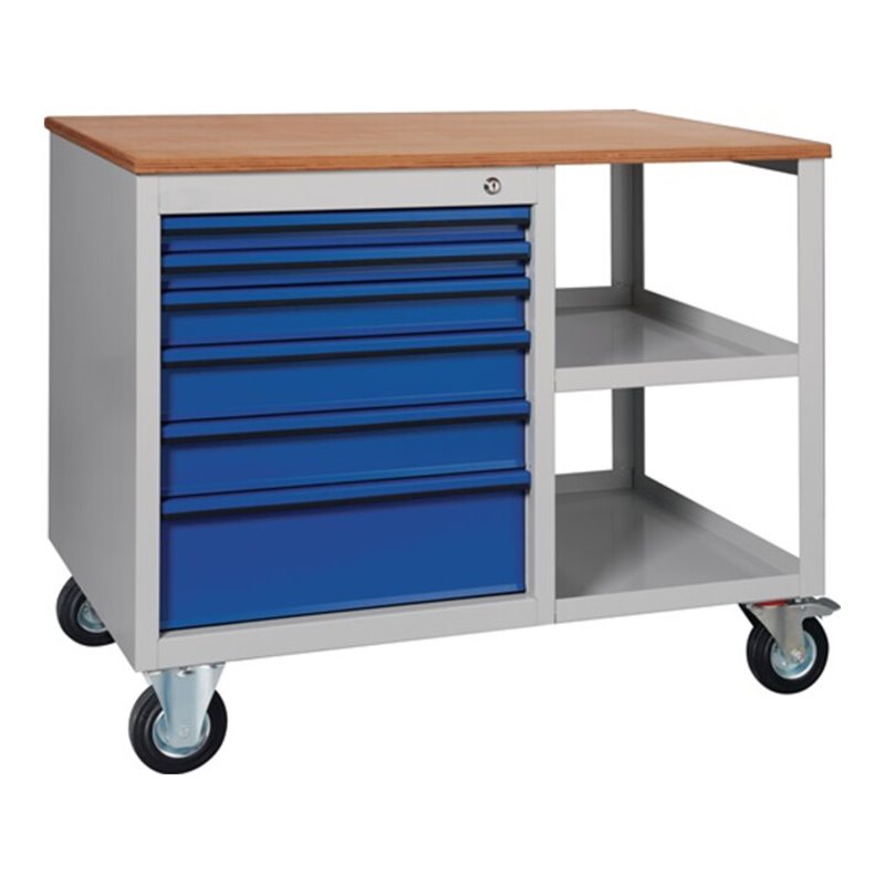 Werkbank PW700 B885xT700xH805mm Buche Multipl. lichtgrau/enzianblau 2 Schubl.