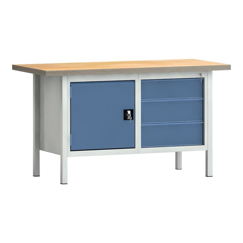Werkbank PW 700 B1500xT700xH840mm Buche Multiplex grau brillantblau 3Schubl.1Tür