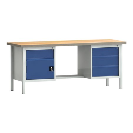 Werkbank PW 700 B2000xT700xH840mm Buche Multiplex grau enzianblau 4 Schubl.1 Tür
