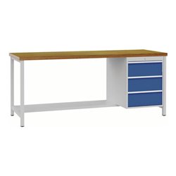 Werkbank B2000xT750xH859mm Buche Multiplex lichtgrau signalblau 3 Schubl.