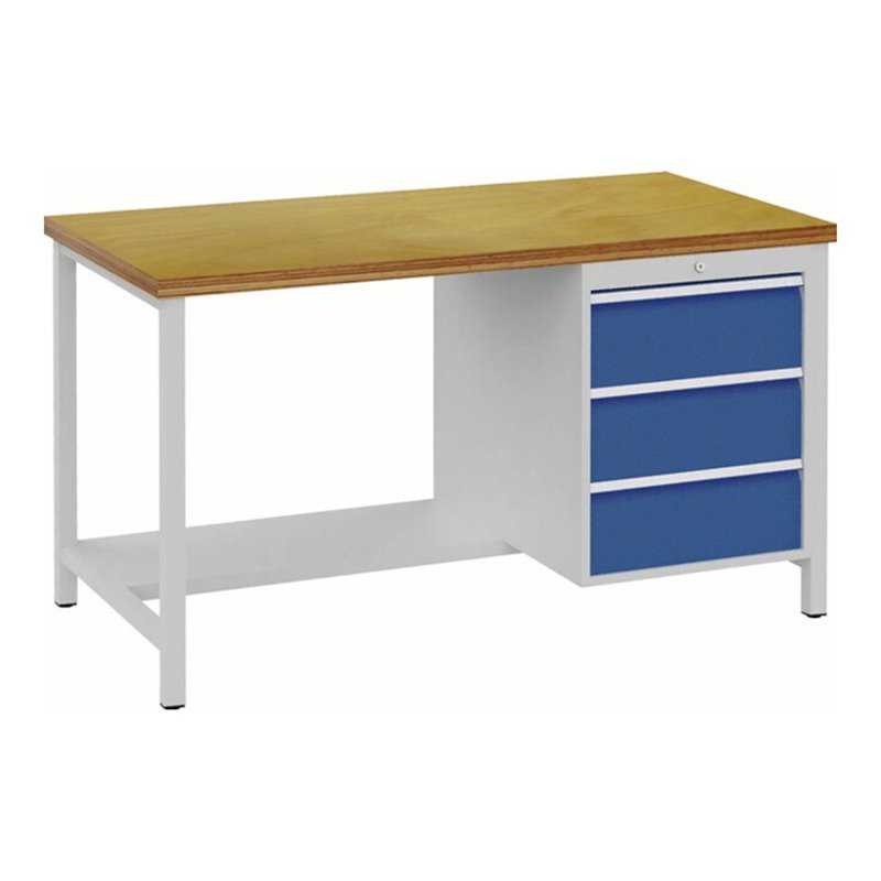 Werkbank B1500xT750xH859mm Buche Multiplex lichtgrau signalblau 3 Schubl.