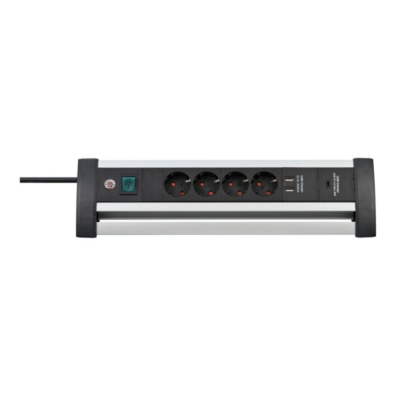 Alu-Office-Line Steckdosenleiste mit USB Power Delivery USB-Ladefunktion 4-fach 1,8m H05VV-F 3G1,5