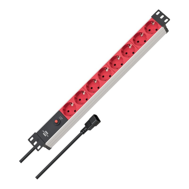 Alu-Line 19' Steckdosenleiste für Schaltschränke mit 10A Sicherungsautomat und Kaltgerätestecker IEC C14 8-fach silber/rot 2m H0