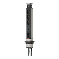 Tower Power USB-Charger und LAN Tischsteckdosenleiste 3-fach 2xLAN-RJ45, 2xUSB, 2m H05VV-F 3G1,5 silber/schwarz