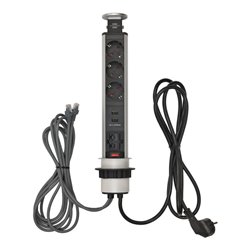 Tower Power USB-Charger und LAN Tischsteckdosenleiste 3-fach 2xLAN-RJ45, 2xUSB, 2m H05VV-F 3G1,5 silber/schwarz