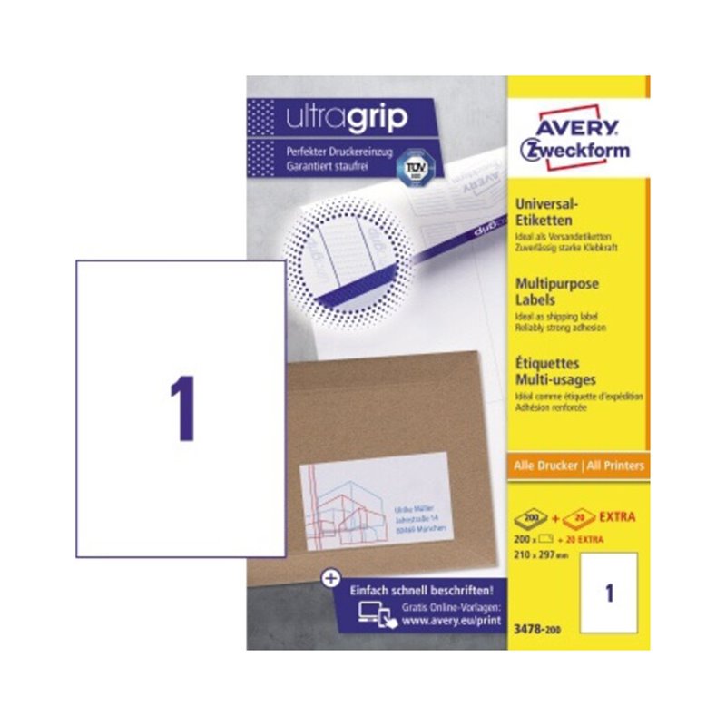 Avery Zweckform Etikett 3478-200 210x297mm weiß 200 St./Pack.