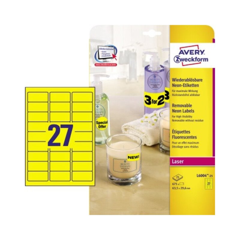 Avery Zweckform Etikett L6004-25 63,5x29,6mm neongelb 675 St./Pack.