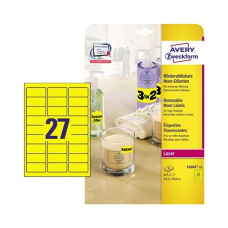 Avery Zweckform Etikett L6004-25 63,5x29,6mm neongelb 675 St./Pack.