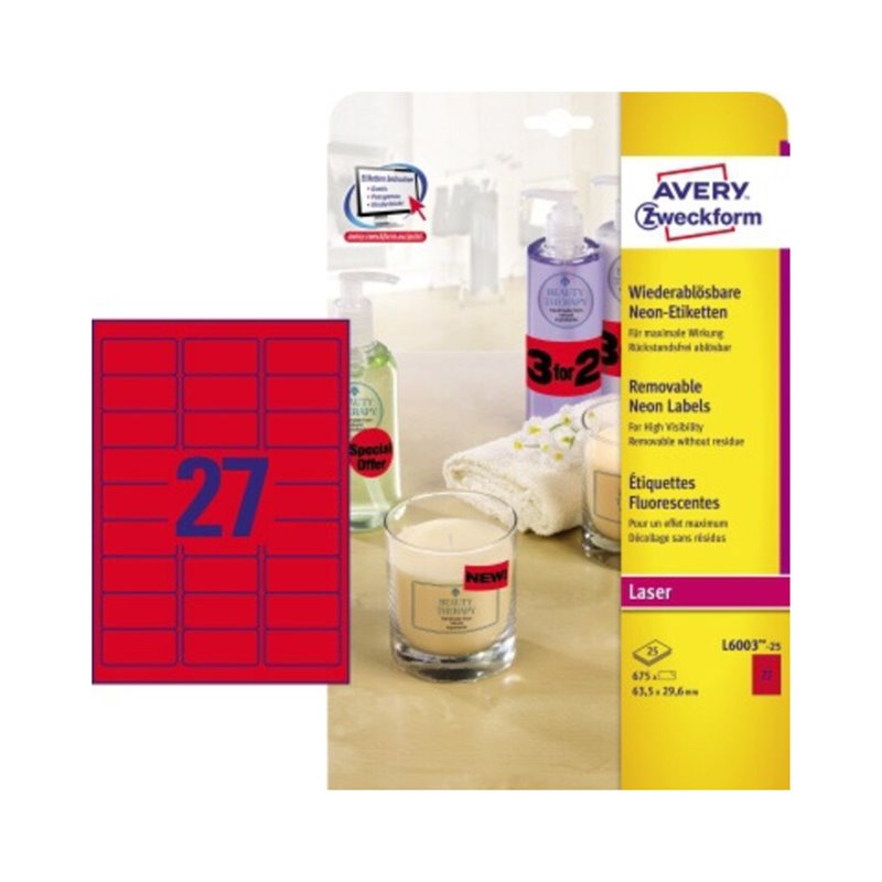Avery Zweckform Etikett L6003-25 63,5x29,6mm neonrot 675 St./Pack.