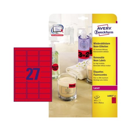 Avery Zweckform Etikett L6003-25 63,5x29,6mm neonrot 675 St./Pack.