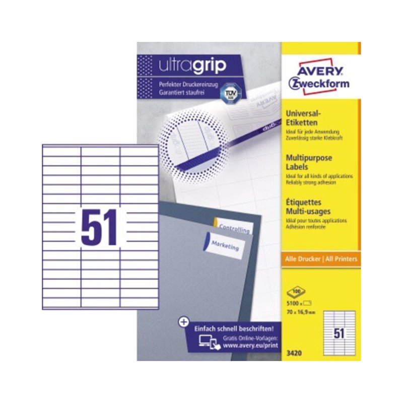 Avery Zweckform Universaletikett 3420 70x16,9mm weiß 5.100 St./Pack.