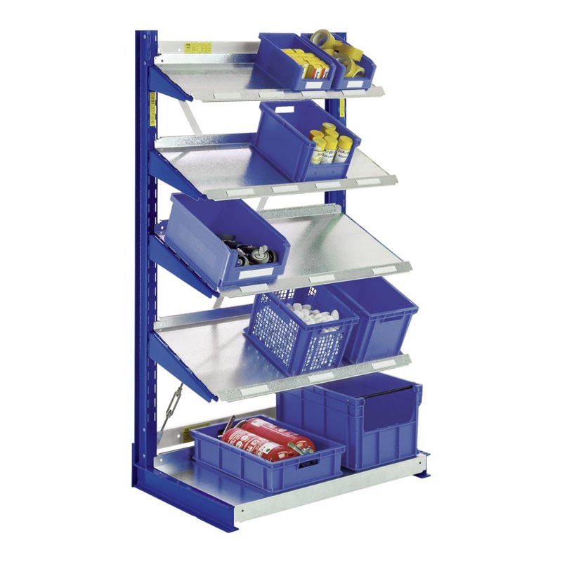 Bito Kragarmregale Typ L mit Schrägböden, einseitige Nutzung, enzianblau