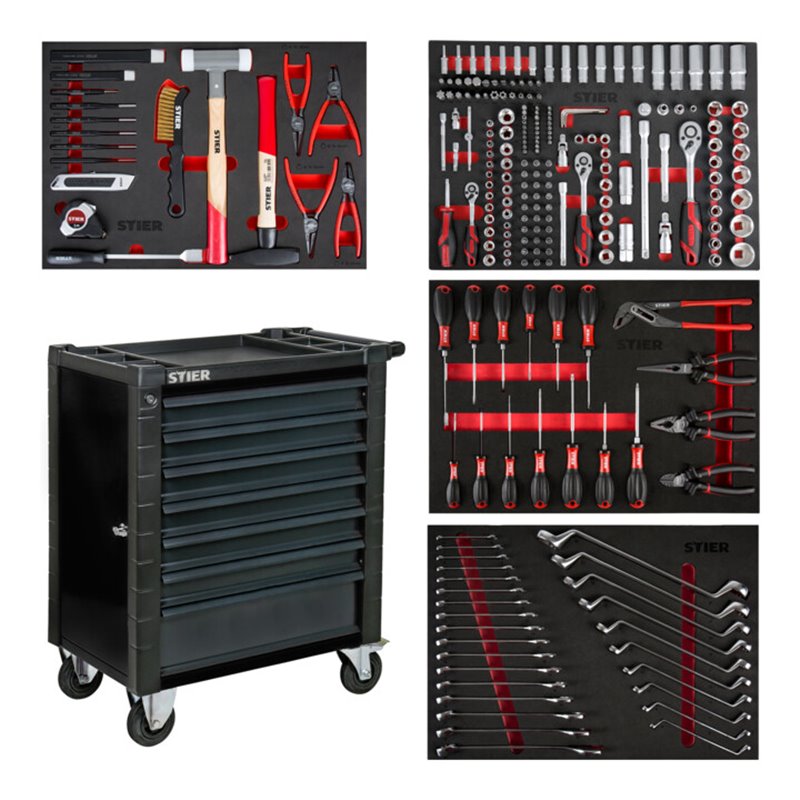 STIER Werkstattwagen mit Schutzvorrichtung und Seitentür bestückt 241-teilig