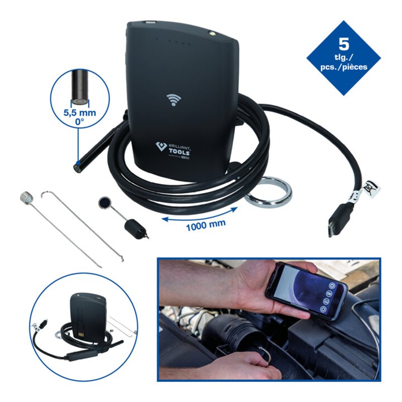Brilliant Tools Wi-Fi-Videoskop-Satz mit Ø 5,5 mm 0° HD Frontkamera-Sonde, 5-tlg
