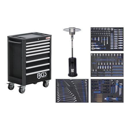 BGS Werkstattwagen Profi Exclusive 8 Schubladen mit 255 Werkzeugen + 1 Gas-Heizpilz