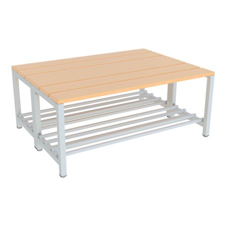 Pavoy Umkleidesitzbank 1000 mm, doppelseitig, Buchenleisten mit Schuhrosten, RAL 7035