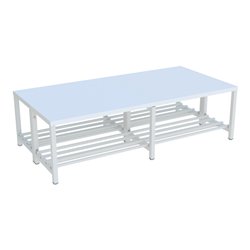 Pavoy Umkleidesitzbank 1500 mm, doppelseitig, PVC-Leisten, mit Schuhrost, RAL 7035