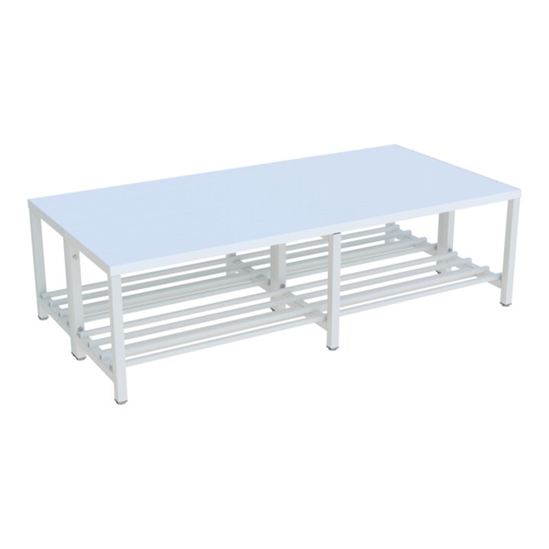 Pavoy Umkleidesitzbank 1500 mm, doppelseitig, PVC-Leisten, mit Schuhrost, RAL 7035