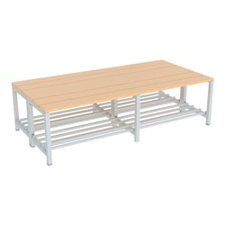 Pavoy Umkleidesitzbank 1500 mm, doppelseitig, Bucheleisten, mit Schuhrost, RAL 7035