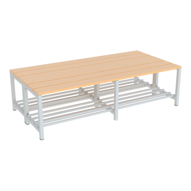 Pavoy Umkleidesitzbank 1500 mm, doppelseitig, Bucheleisten, mit Schuhrost, RAL 7035