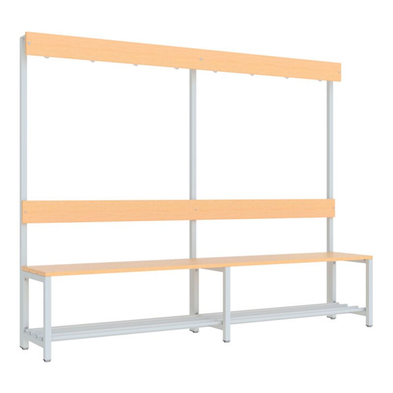 Pavoy Garderobenbank 2000 mm m.Rückenl., Hakenl. und Schuhrosten, RAL 7035