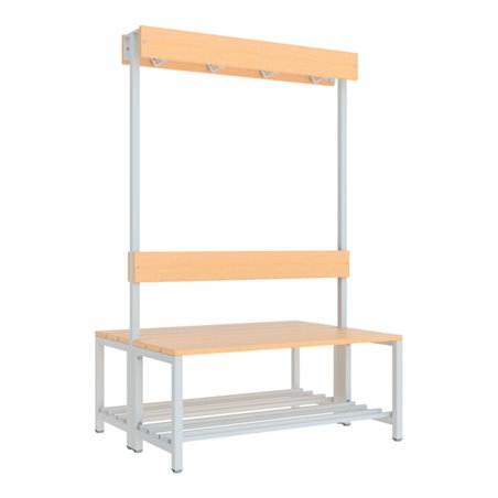Pavoy Garderobensitzbank 1000 mm, doppelseitig, Buchenleisten und Schuhrosten, RAL 7035