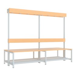 Pavoy Garderobenbank m.Rückenl. und Hakenl., 2000 mm mit Schuhrosten, RAL 7035