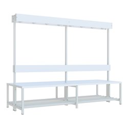 Pavoy Garderobenbank m.Rückenl. und Hakenl., 2000 mm mit Schuhrosten, RAL 7035