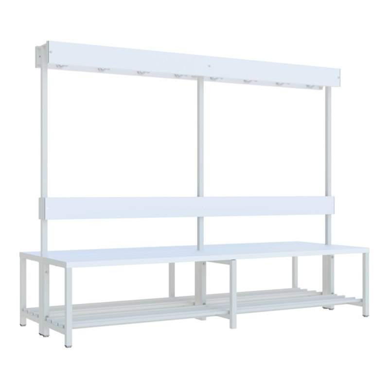 Pavoy Garderobenbank m.Rückenl. und Hakenl., 2000 mm mit Schuhrosten, RAL 7035