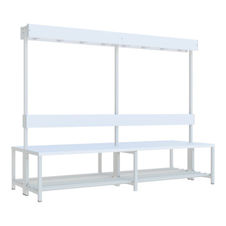 Pavoy Garderobenbank m.Rückenl. und Hakenl., 2000 mm mit Schuhrosten, RAL 7035