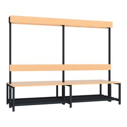 Pavoy Garderobenbank m.Rückenl. und Hakenl., 2000 mm mit Schuhrosten, RAL 7016