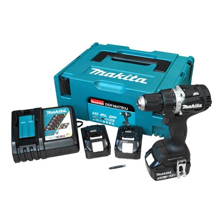 Makita Akku-Bohrschrauber 18V in schwarz / 5,0 Ah, 3 Akkus + Ladegerät im MAKPAC