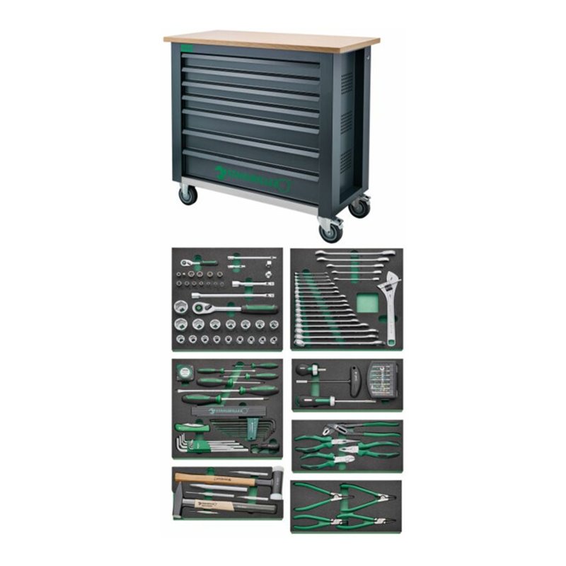 Stahlwille Werkzeugsortiment mit Werkbank Anzahl Schubladen 7 anthrazit, RAL 7016 161-teilig