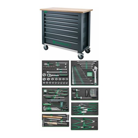 Stahlwille Werkzeugsortiment mit Werkbank Anzahl Schubladen 7 anthrazit, RAL 7016 161-teilig