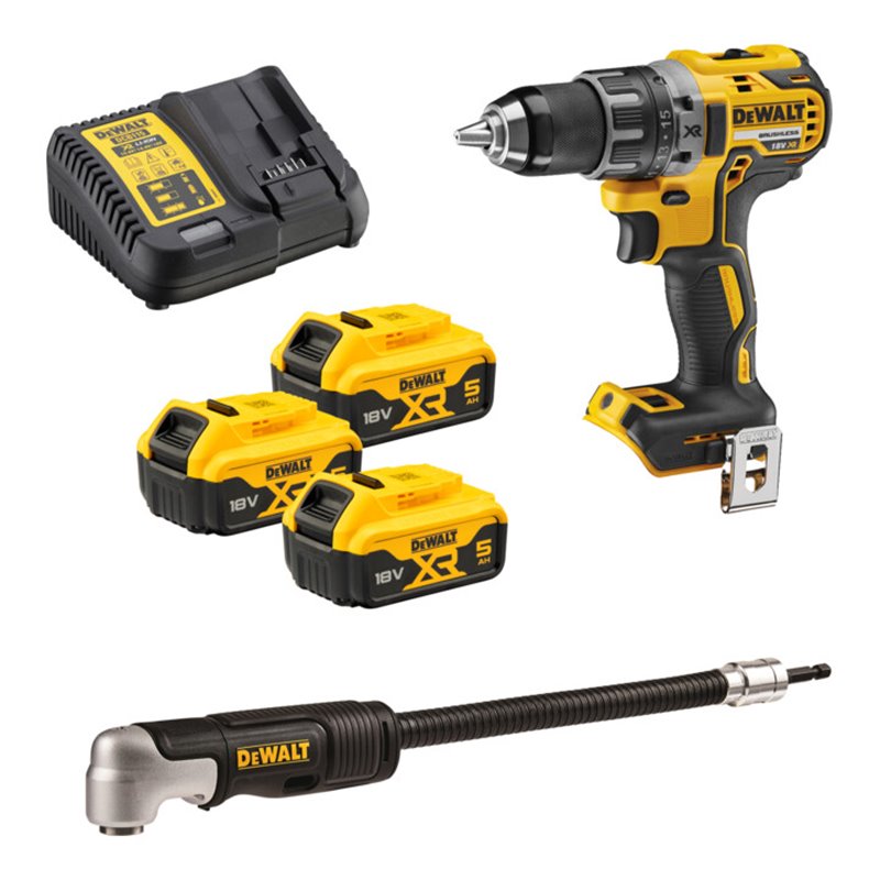 DEWALT Akku-Bohrschrauber-Set, 18 Volt (mit 3 Akkus á 5 Ah) und Zubehör-Set DCD791P3A-QW