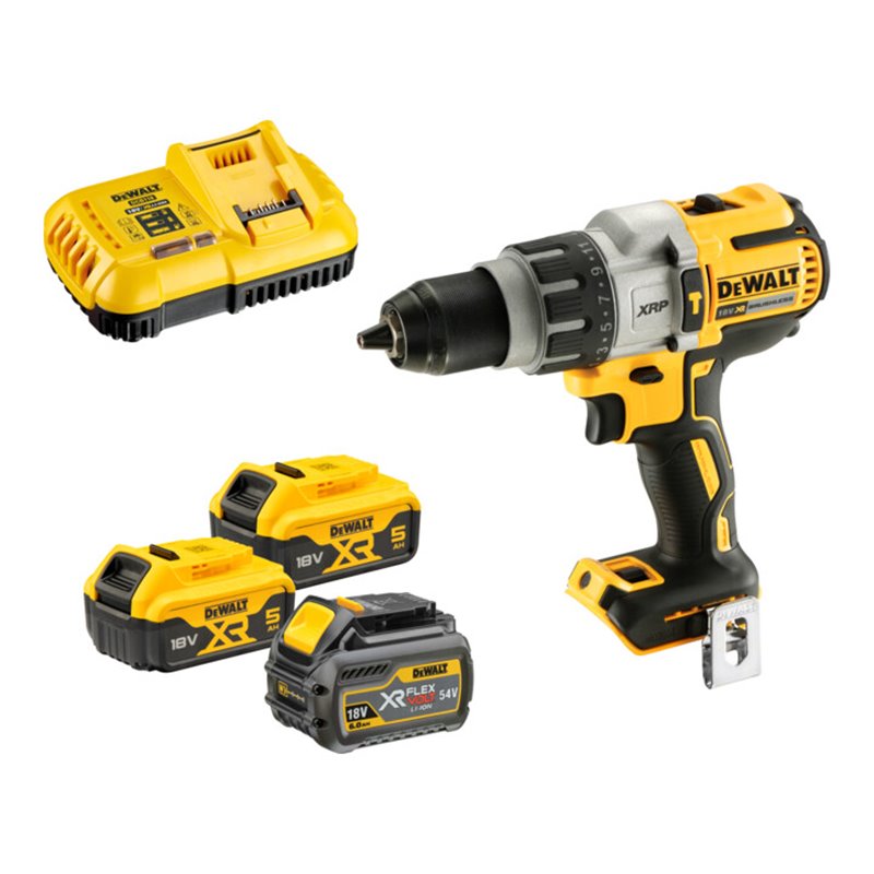 DEWALT 18V XR Akku-Schlagbohrschrauber, mit 2x Akku (18 Volt / 5 Ah), 1 x Flexvolt-Akku (108 Wh) und System-Schnellladegerät (8 