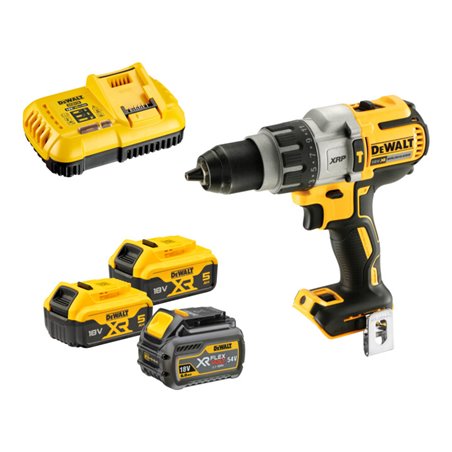 DEWALT 18V XR Akku-Schlagbohrschrauber, mit 2x Akku (18 Volt / 5 Ah), 1 x Flexvolt-Akku (108 Wh) und System-Schnellladegerät (8 