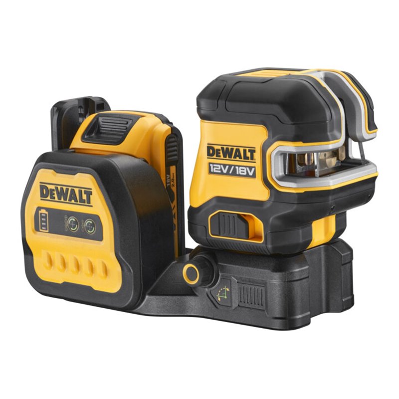 DEWALT 5 Punkt Kreuzlinien-Laser grün (1 x H / 1 x V / Lot oben & unten / 3 x H Punkte) inkl. 18V / 2Ah Akku, kompatibel mit 12V
