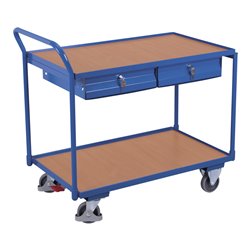 VARIOfit Tischwagen mit 2 Ladeflächen und 2 Schubladen, Schiebegriff waagerecht