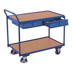 VARIOfit Tischwagen mit 2 Ladeflächen und 2 Schubladen, Schiebegriff waagerecht