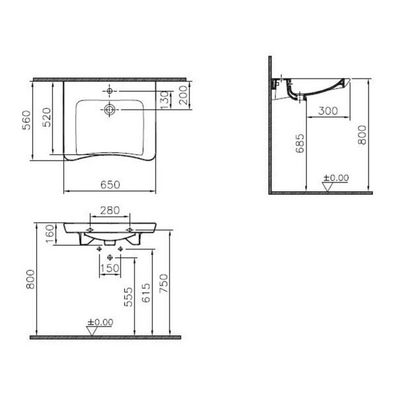 VitrA Waschtisch S20 650x560/520mm HL mttg m Ü-loch weiß
