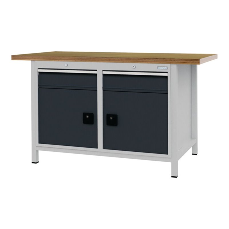 Werkbank grau lichtgrau B1500xH859xT750mm Buche Multiplex 40mm 2 Schubl.2 Türen